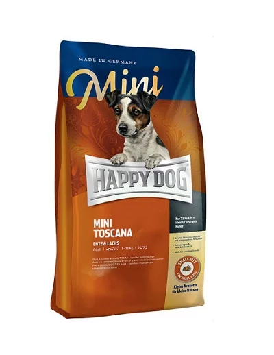 Суха храна HAPPY DOG SUPREME MINI TOSCANA за кастрирани кучета от дребни породи с патица и сьомга