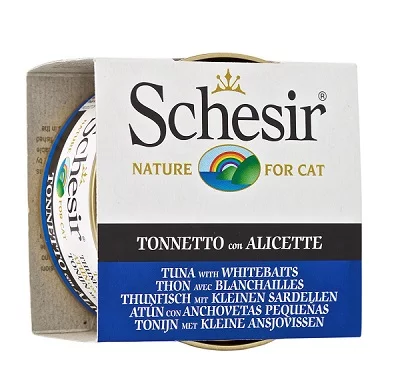 Консерва SCHESIR NATURE TUNA WITH WHITEBAIT риба тон и атерина в желе, за котки над 12 месеца, 85 g
