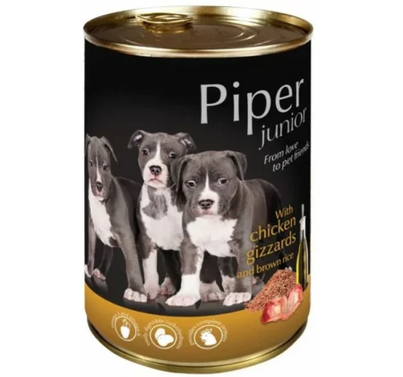 Консерва PIPER JUNIOR CHICKEN GIZZARDS AND BROWN RICE за кучета до 12 м. с воденички и ориз, 400 g