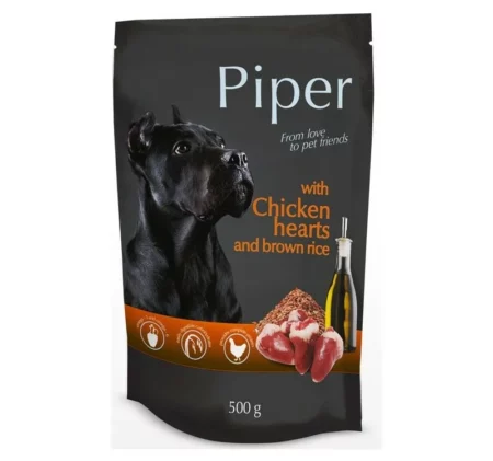 Пауч PIPER ADULT CHICKEN HEARTS AND BROWN RICE за кучета над 12 м. с пилешки сърца и ориз, 500 g