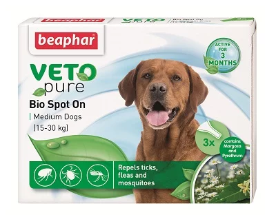 Репелентни капки за кучета от средни породи BEAPHAR VETO PURE BIO SPOT ON DOG, 3 бр