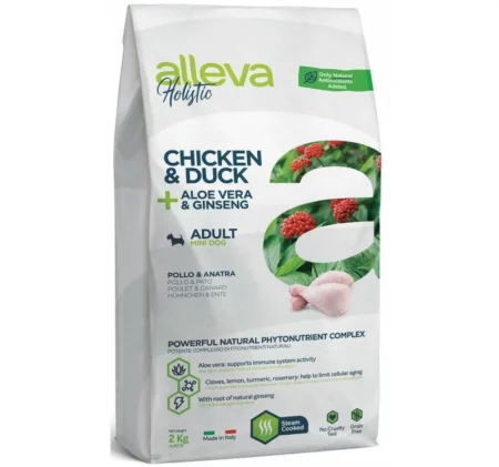 Суха храна ALLEVA HOLISTIC CHICKEN & DUCK + ALOE VERA & GINSENG ADULT MINI за дребни породи над 10 м, 2 kg