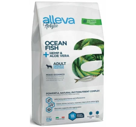 Суха храна ALLEVA HOLISTIC OCEAN FISH + HEMP & ALOE VERA ADULT MEDIUM/MAXI за едри и средни породи над 12 м, 2 kg