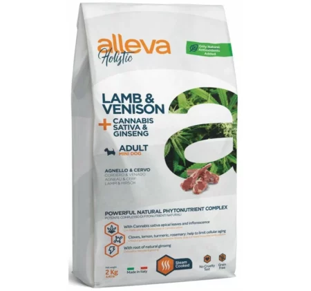 Суха храна ALLEVA HOLISTIC LAMB & VENISON + CANNABIS SATIVA & GINSENG ADULT MINI за дребни породи над 10 м, 2 kg