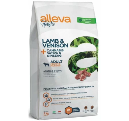 Суха храна ALLEVA HOLISTIC LAMB & VENISON + CANNABIS SATIVA & GINSENG ADULT MEDIUM/MAXI за едри и средни породи над 12 м, 2 kg