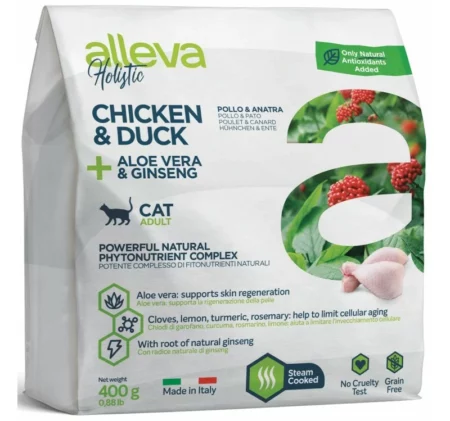 Суха храна ALLEVA HOLISTIC CHICKEN & DUCK + ALOE VERA & GINSENG ADULT за котки над 12 м, 400 g