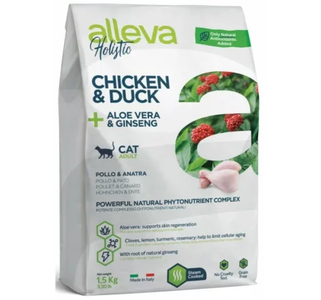 Суха храна ALLEVA HOLISTIC CHICKEN & DUCK + ALOE VERA & GINSENG ADULT за котки над 12 м, 1.5 g