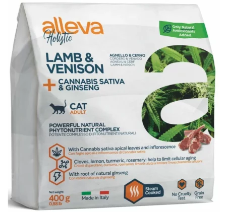 Суха храна ALLEVA HOLISTIC LAMB & VENISON + CANNABIS SATIVA & GINSENG ADULT за котки над 12 м, 400 g
