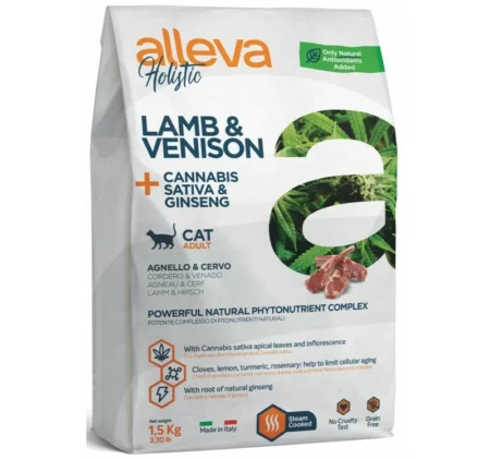 Суха храна ALLEVA HOLISTIC LAMB & VENISON + CANNABIS SATIVA & GINSENG ADULT за котки над 12 м, 1.5 kg