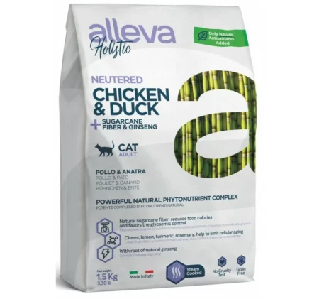 Суха храна ALLEVA HOLISTIC CHICKEN & DUCK + SUGARCANE FIBER & ALOE VERA ADULT NEUTERED за кастрирани котки, 1.5 kg