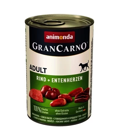 Консерва GRANCARNO ADULT BEEF AND DUCK HEARTS за кучета над 12 м. с говеждо и патешки сърца, 400 g