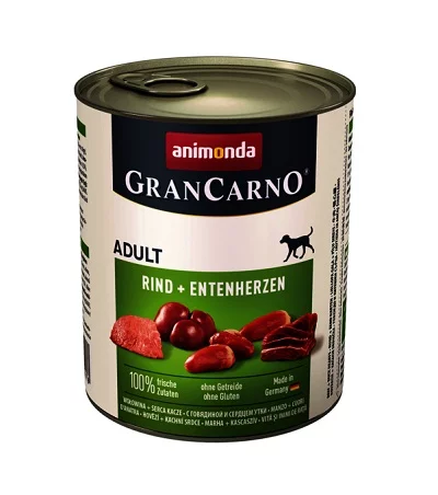 Консерва GRANCARNO ADULT BEEF AND DUCK HEARTS за кучета над 12 м. с говеждо и патешки сърца, 800 g