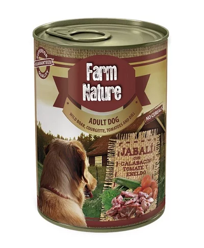 Консерва FARM NATURE WILD BOAR, COURGETTE, TOMATO AND DILL за кучета над 12 м, глиган с домати и тиквички, 400 g
