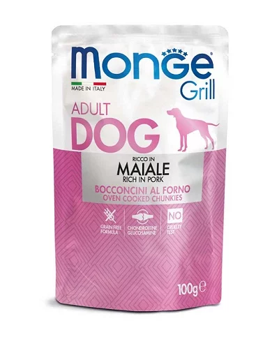 Пауч MONGE GRILL ADULT CHUNKIES PORK за кучета над 12 м със свинско, 100 g