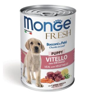 Консерва MONGE FRESH PUPPY CHUNKS IN LOAF VEAL WITH VEGETABLES за кученца до 12 м с телешко и зеленчуци, 400 g