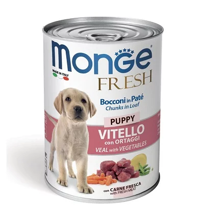 Консерва MONGE FRESH PUPPY CHUNKS IN LOAF VEAL WITH VEGETABLES за кученца до 12 м с телешко и зеленчуци, 400 g