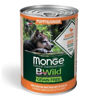 Консерва Консерва MONGE BWILD PUPPY & JUNIOR CHUNKIES IN GRAVY DUCK WITH PUMPKIN AND ZUCCHINI за кученца до 12 м с патица и зеленчуци, 400 g
