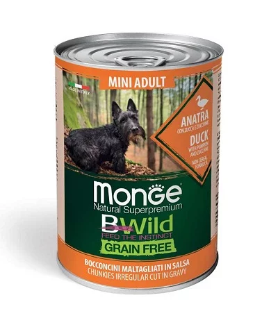 Консерва MONGE BWILD MINI ADULT CHUNKIES IN GRAVY DUCK WITH PUMPKIN AND ZUCCHINI за дребни породи над 12 м с патица, 400 g