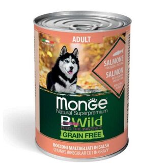 Консерва MONGE BWILD ADULT CHUNKIES IN GRAVY SALMON WITH PUMPKIN AND ZUCCHINI за кучета над 12 м със сьомга, 400 g