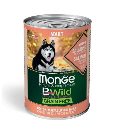 Консерва MONGE BWILD ADULT CHUNKIES IN GRAVY SALMON WITH PUMPKIN AND ZUCCHINI за кучета над 12 м със сьомга, 400 g