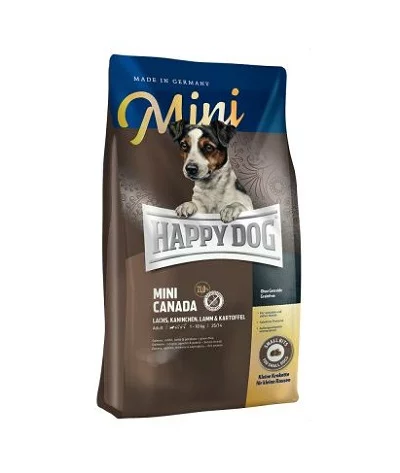Суха храна HAPPY DOG MINI CANADA за чувствителни кучета дребни породи със сьомга и заек