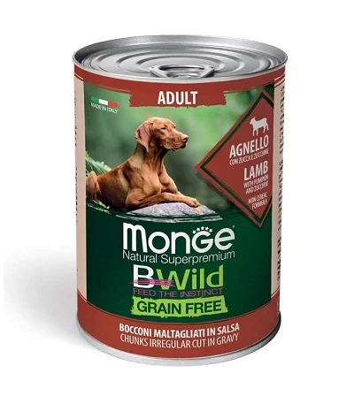 Консерва MONGE BWILD ADULT CHUNKIES IN GRAVY LAMB WITH PUMPKIN AND ZUCCHINI за кучета над 12 м с агне, 400 g
