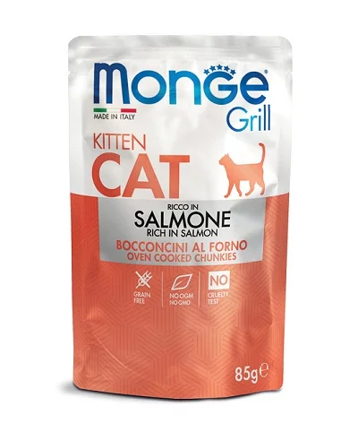 Пауч MONGE GRILL KITTEN CHUNKIES IN JELLY SALMON за котенца до 12 м, хапки в желе със сьомга, 85 g