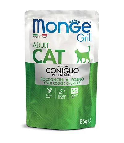 Пауч MONGE GRILL ADULT CHUNKIES IN JELLY RABBIT за котки над 12 м, хапки в желе със заек, 85 g