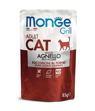 Пауч MONGE GRILL ADULT CHUNKIES IN JELLY LAMB за котки над 12 м, хапки в желе с агне, 85 g