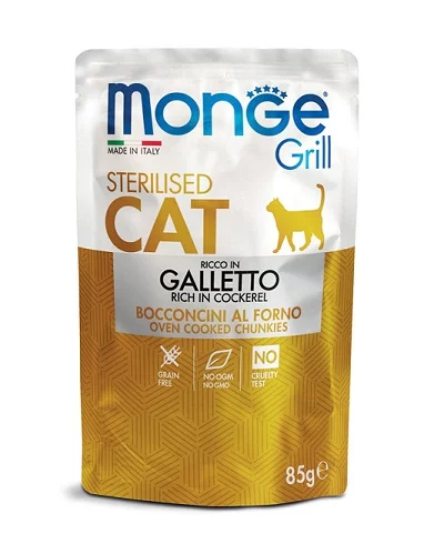 Пауч MONGE GRILL ADULT CHUNKIES IN JELLY COCKEREL за котки над 12 м, хапки в желе с младо петле, 85 g