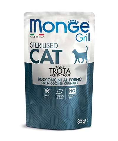 Пауч MONGE GRILL STERILISED CHUNKIES IN JELLY TROUT за кастрирани котки, хапки в желе с пъстърва, 85 g