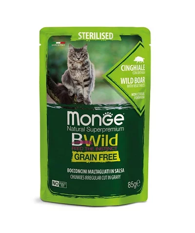 Пауч MONGE BWILD STERILISED CHUNKIES WILD BOAR WITH VEGETABLES за кастрирани котки, хапки с глиган, 100 g