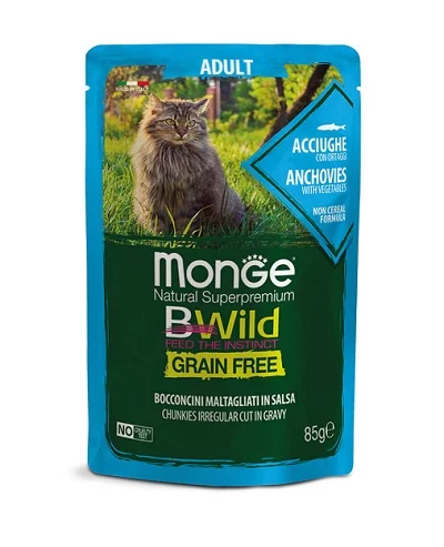 Пауч MONGE BWILD ADULT CHUNKIES ANCHOVIES AND VEGETABLES за котки над 12 м, хапки с аншоа, 85 g