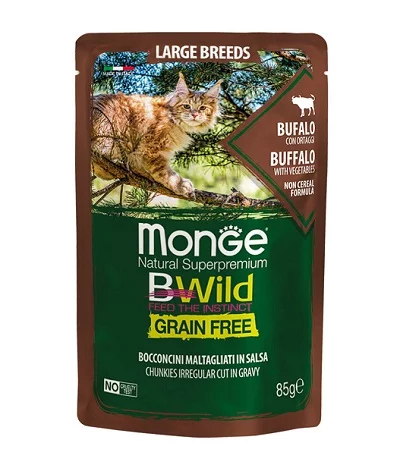 Пауч MONGE BWILD LARGE BREEDS CHUNKIES BUFFALO WITH VEGETABLES за едри породи котки от всички възрасти, хапки с бивол, 85 g