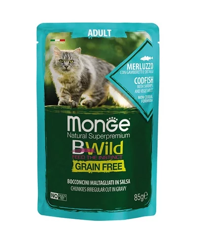 Пауч MONGE BWILD ADULT CHUNKIES CODFISH WITH SHRIMPS AND VEGETABLES за котки над 12 м, хапки с треска и скариди, 85 g