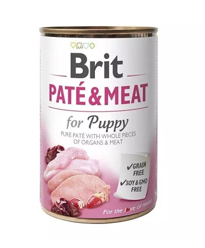 Консерва BRIT PATE & MEAT PUPPY за кученца до 12 м, хапки в пастет, пиле и пуйка, 6 х 400 g