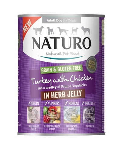 Консерва NATURO ADULT GRAIN & GLUTEN FREE Turkey in Herb jelly пуйка в билково желе, без глутен, за кучета над 12 м, 390 g