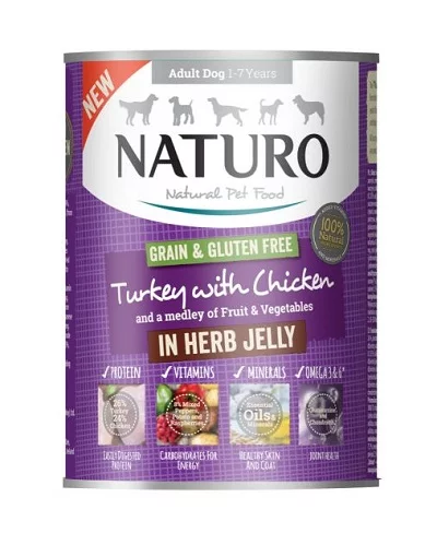 Консерва NATURO ADULT GRAIN & GLUTEN FREE Turkey in Herb jelly пуйка в билково желе, без глутен, за кучета над 12 м, 390 g