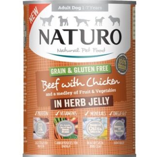 Консерва NATURO ADULT GRAIN & GLUTEN FREE Beef & Chicken in Herb jelly телешко и пиле в билково желе, без глутен, за кучета над 12 м, 390 g