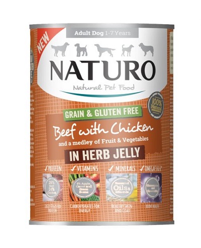 Консерва NATURO ADULT GRAIN & GLUTEN FREE Beef & Chicken in Herb jelly телешко и пиле в билково желе, без глутен, за кучета над 12 м, 390 g