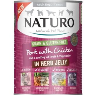 Консерва NATURO ADULT GRAIN & GLUTEN FREE Pork & Chicken in Herb jelly свинско и пиле в билково желе, без глутен, за кучета над 12 м, 390 g